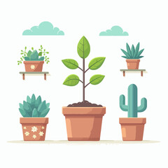 Obraz premium A collection of potted plants, including a tall leafy plant, succulents, and a cactus, set against a white background with clouds above.