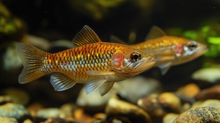 Two orange and brown fish swim in a freshwater aquarium with rocks and plants.