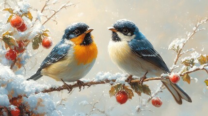 Two vibrant blue and orange birds perched on a snow-covered branch with red berries.