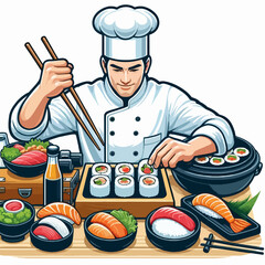 A male chef in a white uniform meticulously prepares fresh sushi rolls and sashimi on a wooden counter with various ingredients.