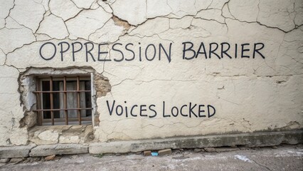 Naklejka premium Cracked Wall with Small Window and Message About Oppression Barrier