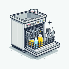 A cartoon illustration of an open dishwasher filled with clean dishes, cutlery, and bottles, with mugs on top, in an isometric view.