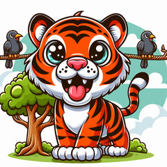 A cute cartoon baby tiger cub with big eyes and an open mouth, standing on green grass with a small tree and two birds on a branch in the background.
