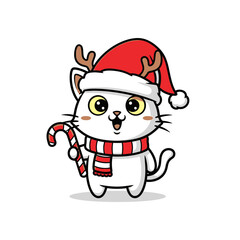 A cheerful cartoon cat wearing a Santa hat and reindeer antlers, holding a candy cane, perfect for holiday greetings and festive designs.