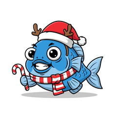 A cheerful blue fish, adorned with a Santa hat, reindeer antlers, and a festive scarf, holds a candy cane, celebrating the Christmas season.