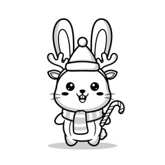 Fototapeta premium A charming illustration features a cute bunny dressed as a reindeer, sporting a hat, scarf, and holding a candy cane, perfect for holiday designs.