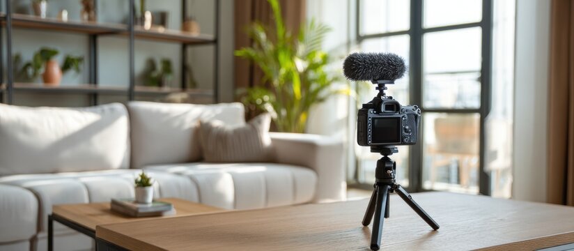 A camera setup, microphone attached on a tripod, ready for recording in a stylish living room