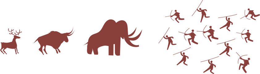 Prehistoric cave painting showing humans hunting animals