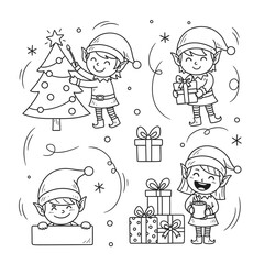 A charming illustration of cartoon elves decorating a Christmas tree, holding gifts, and spreading holiday cheer with a blank sign.
