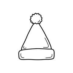 A simple black and white line drawing of a winter hat with a pom-pom, isolated on a white background.