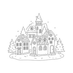 A charming black and white illustration of a cluster of quaint houses nestled amongst pine trees, with a dusting of snow falling.