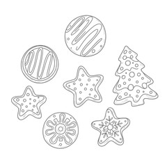 Outline drawings of various festive Christmas cookies with simple frosting details, ready for coloring.