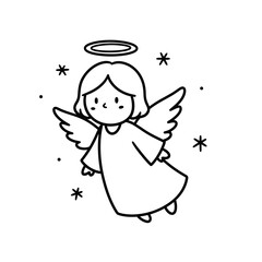A cute and simple black and white line drawing of a cartoon angel with a halo and wings, surrounded by stars.