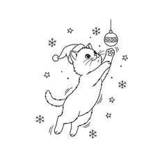 A playful kitten wearing a Santa hat reaches for a Christmas ornament while snowflakes fall.