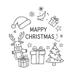 Christmas doodle with reindeer, gifts, tree, and Santa hat.