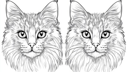 Two detailed line art drawings of longhaired cat heads facing forward.