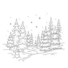 Line art illustration of a serene winter forest landscape with snow-covered evergreen trees and a small snowman under a starry sky.