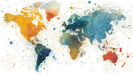 A colorful world map with a lot of dots and lines