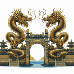 Obraz premium Two golden dragons flank an ornate archway, a symbol of power and prosperity.