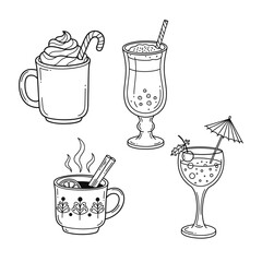 Four different drinks in mugs and glasses, line art illustration.