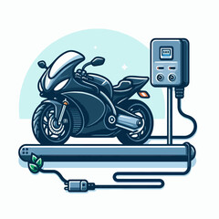 Stylized illustration of a black electric motorcycle charging at a modern station.