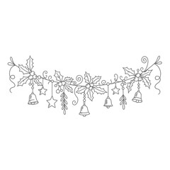 A delicate line drawing of a festive Christmas garland with holly leaves, berries, bells, and stars.