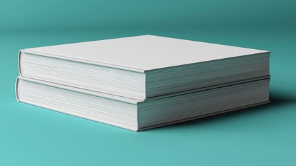 Two blank white hardcover books stacked on a teal background.