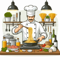 A chef with a mustache cooking spaghetti in a pan in a well-equipped kitchen with various ingredients.
