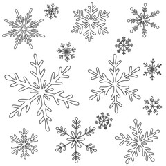 A collection of assorted black and white snowflake line drawings in various intricate designs on a white background.