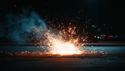 An explosive display lights up the night. A burst of sparks and smoke on a dark street