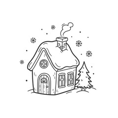 A charming black and white illustration of a snow-covered house with a Christmas tree.