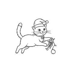 A charming black and white illustration of a cat wearing a Santa hat, holding Christmas lights.