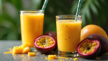 Fototapeta premium Two tall glasses hold creamy golden mango passionfruit smoothies. Whole, halved passion fruits nearby with mango chunks, garnish. Green leaves provide tropical backdrop for refreshing, healthy drinks.