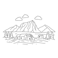 A simple, minimalist line art illustration of a mountain landscape with a village, trees, and fluffy clouds in a serene, idyllic setting.