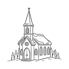 Line art of a church building with snow on the roof and steeple.