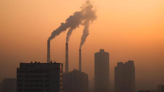 Smokestacks releasing emissions into a hazy sky over a city. Air pollution is clearly visible, and the cityscape silhouette contrasts with the bright sky.