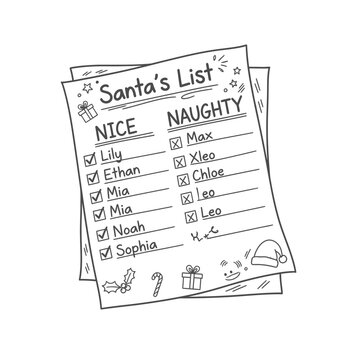 Santa's list with names in the nice and naughty categories.
