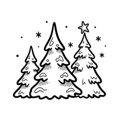Illustration of three Christmas trees, one with a star on top.