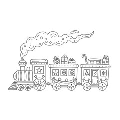 A charming black and white illustration of a festive Christmas train carrying gifts and decorated with holiday motifs.