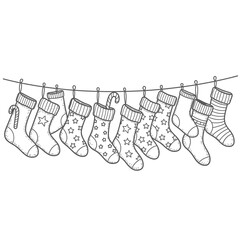 Black and white outline drawing of ten Christmas stockings hanging on a string, ready for coloring activity.