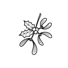 An elegant black and white illustration of holly and mistletoe sprigs, perfect for holiday cards and festive seasonal designs.