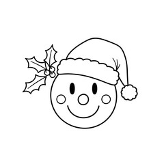 A simple black and white line drawing of a cheerful snowman face wearing a Santa hat and adorned with holly.