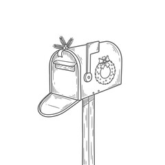 Line art illustration of a festive mailbox decorated with a Christmas wreath and holly on a wooden post, ready for holiday greetings.
