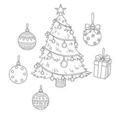 Christmas tree with ornaments and a gift, black and white line art.