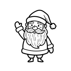 A cheerful cartoon Santa Claus waving, presented as a black and white line drawing for coloring.