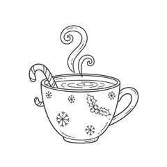 A charming black and white illustration of a steaming mug of hot chocolate with a candy cane.