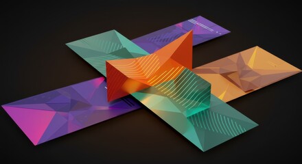 Dynamic abstract geometric shapes with vibrant gradient colors and subtle line patterns create a modern, energetic visual for technology and design concepts.