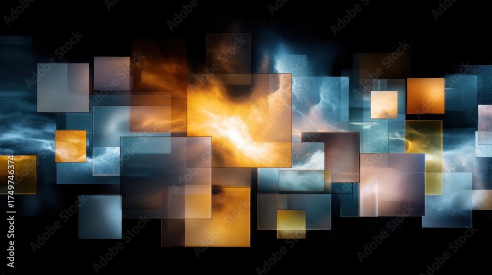 Wall mural abstract composition of various rectangular shapes blended with vibrant colorful textures and lighti