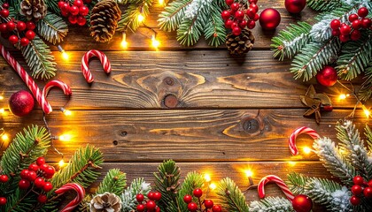 Rustic Wooden Table Christmas Flat Lay with Pine Branches, Red Berries, Candy Canes, and Ornaments, Festive Holiday Background

