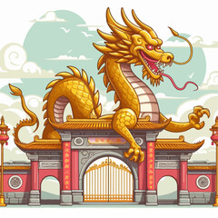 Fototapeta premium A majestic golden Chinese dragon perches atop a traditional red and gold temple gate under a cloudy sky.